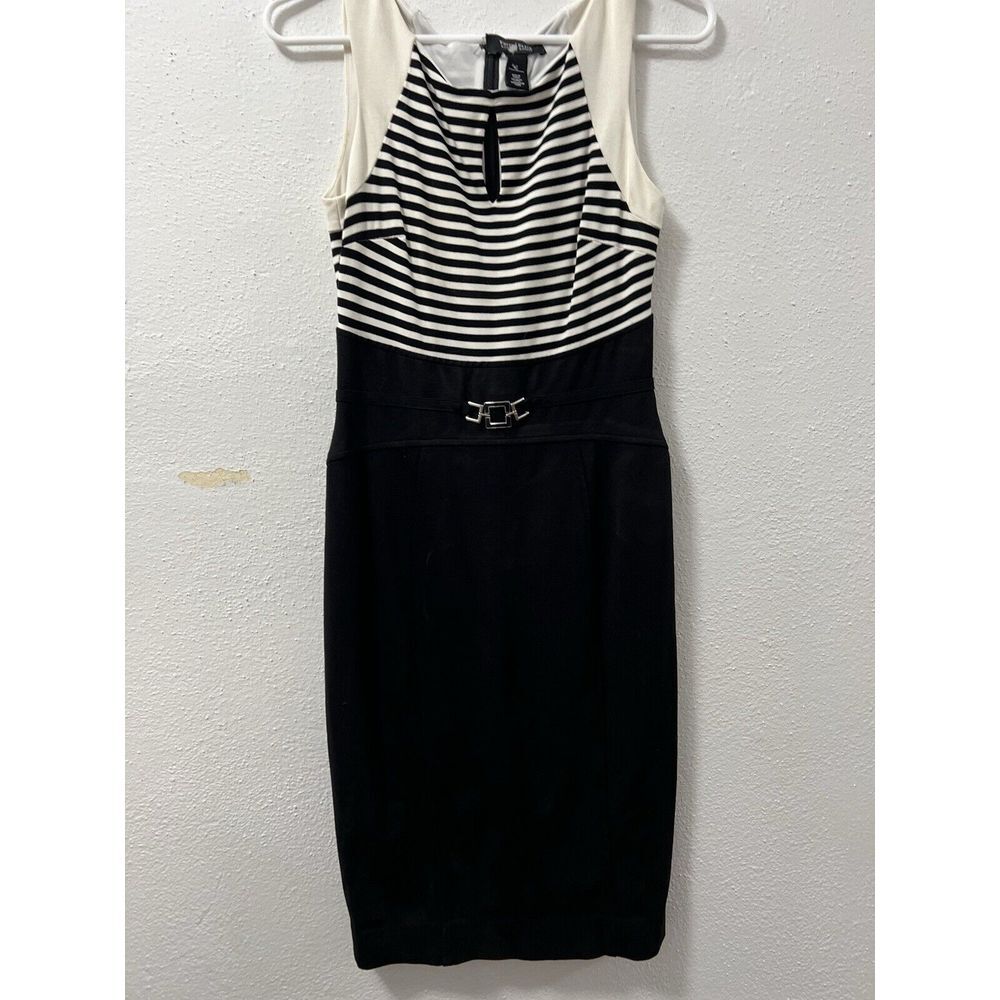 White House Black Market WHBM Sheath Dress Sz 0 Stripes Stretch Knit Lined EUC‎